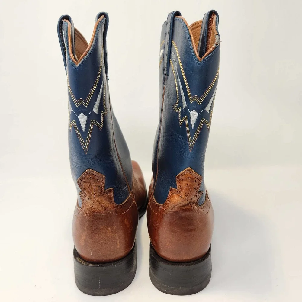 Road Wolf Mens Blue Brown Leather Western Cowboy Boots 8 M Broad Square Toe